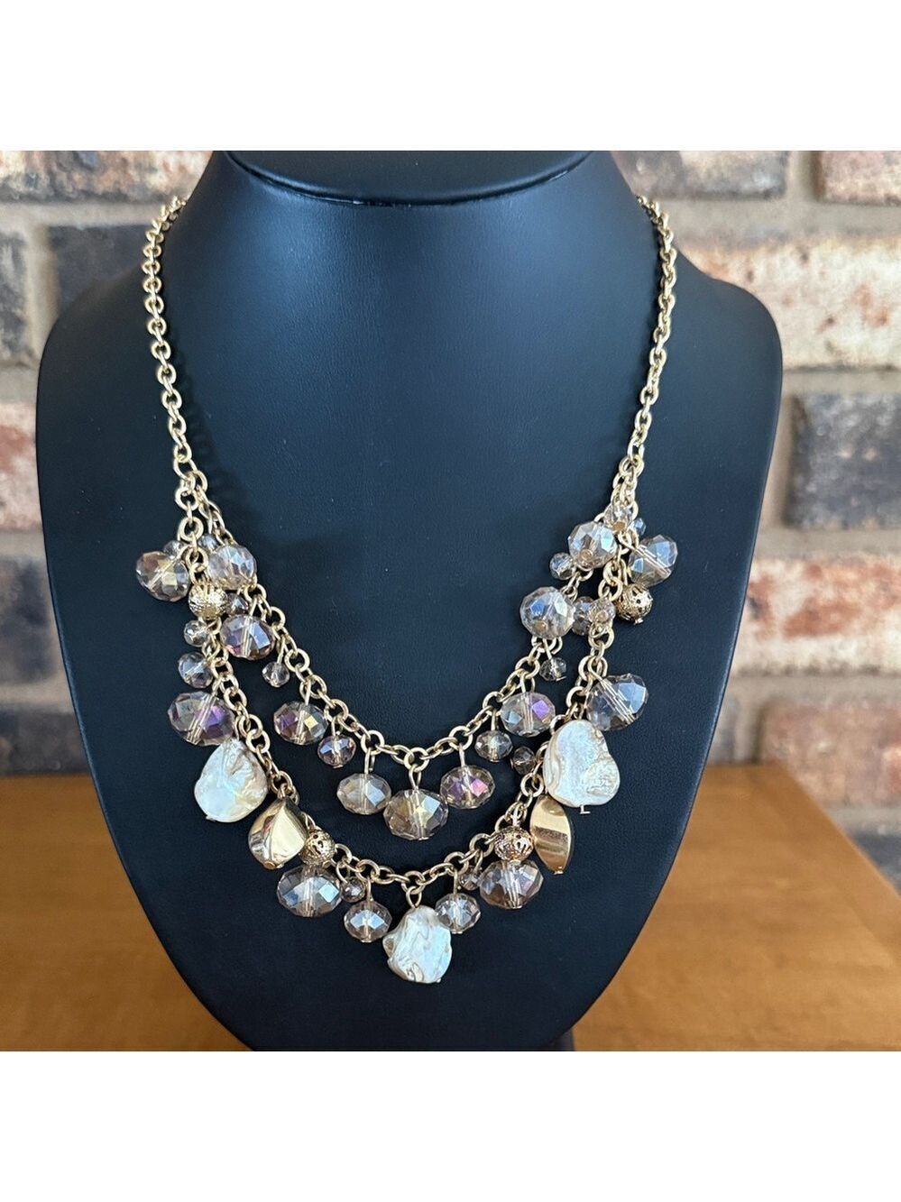 Vintage Champagne Aurora Borealis and Abalone double layered strand necklace
